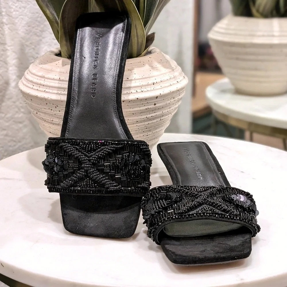 Veronica Beard Black Finlee Beaded Square Toe Kitten Heel Slides Sandals Size 7M